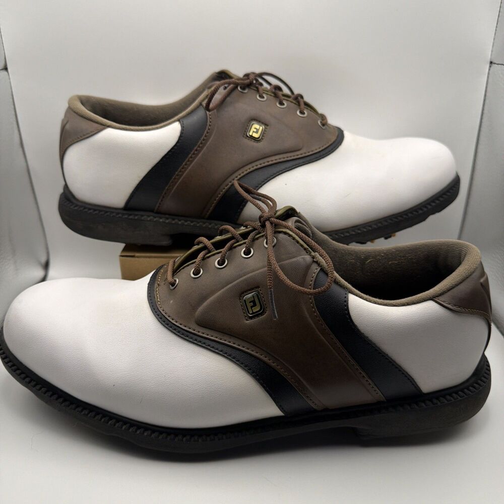 FootJoy GreenJoys Mens 12 Wide White Brown Saddle Golf Shoes 45330 Spiked Cleats